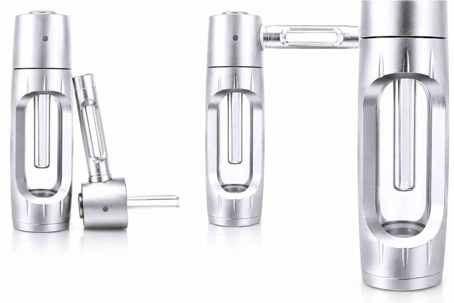 Three views of the Passive Molecular Iodine Inhaler — exploded, assembled with mouthpiece, and close-up of glass vapor chamber