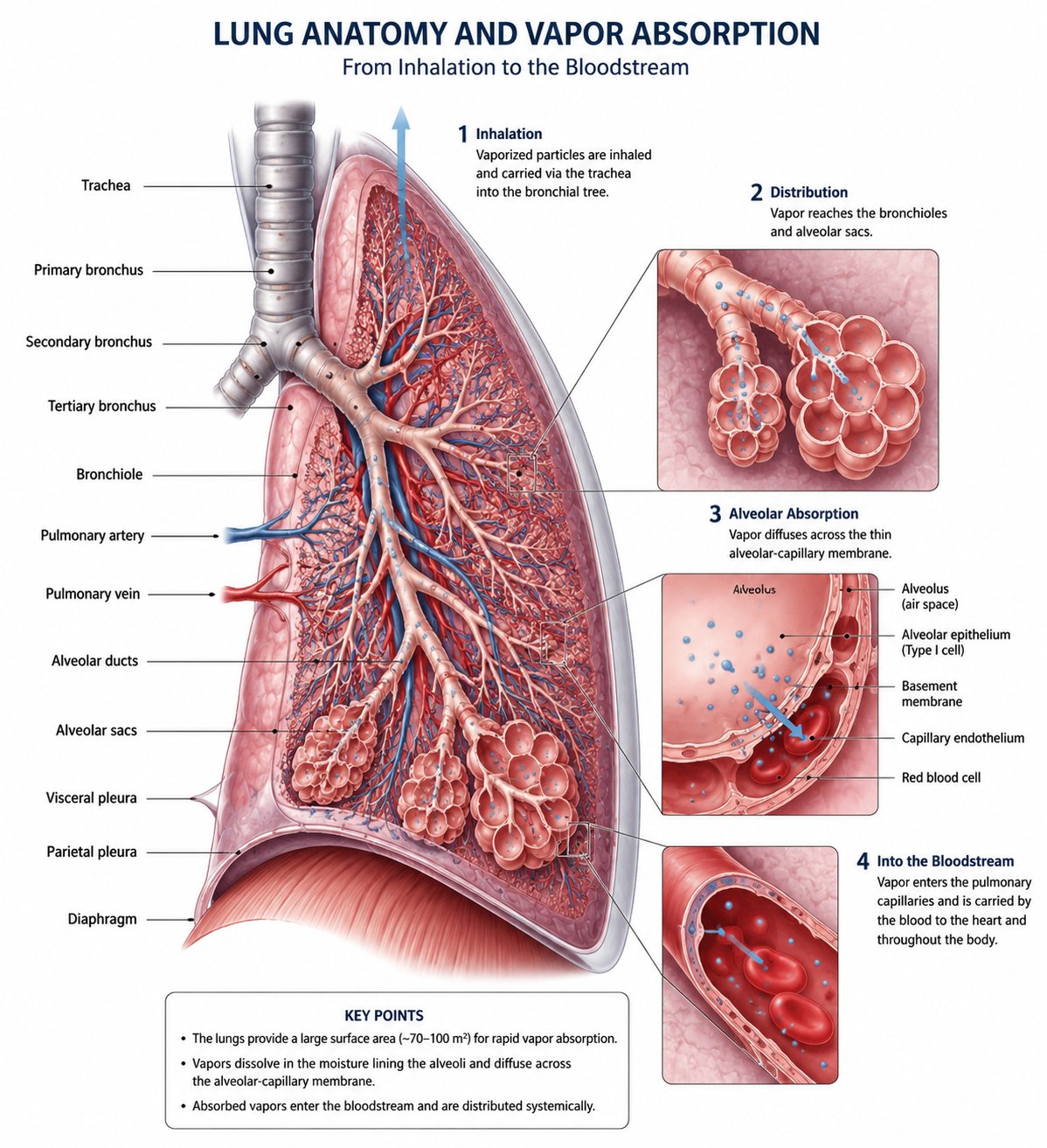 Lung anatomy and vapor absorption diagram: four-stage illustration showing inhalation through the trachea, distribution to alveolar sacs, alveolar absorption across the capillary membrane, and entry into the bloodstream